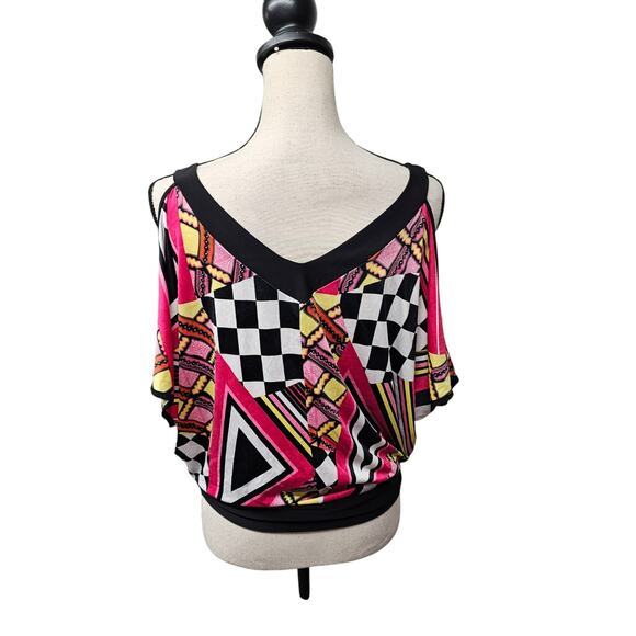 Women’s Retro 80s Y2K Top Sz L Geometric Checker Print Batwing Cold Shoulder USA - Picture 4 of 10